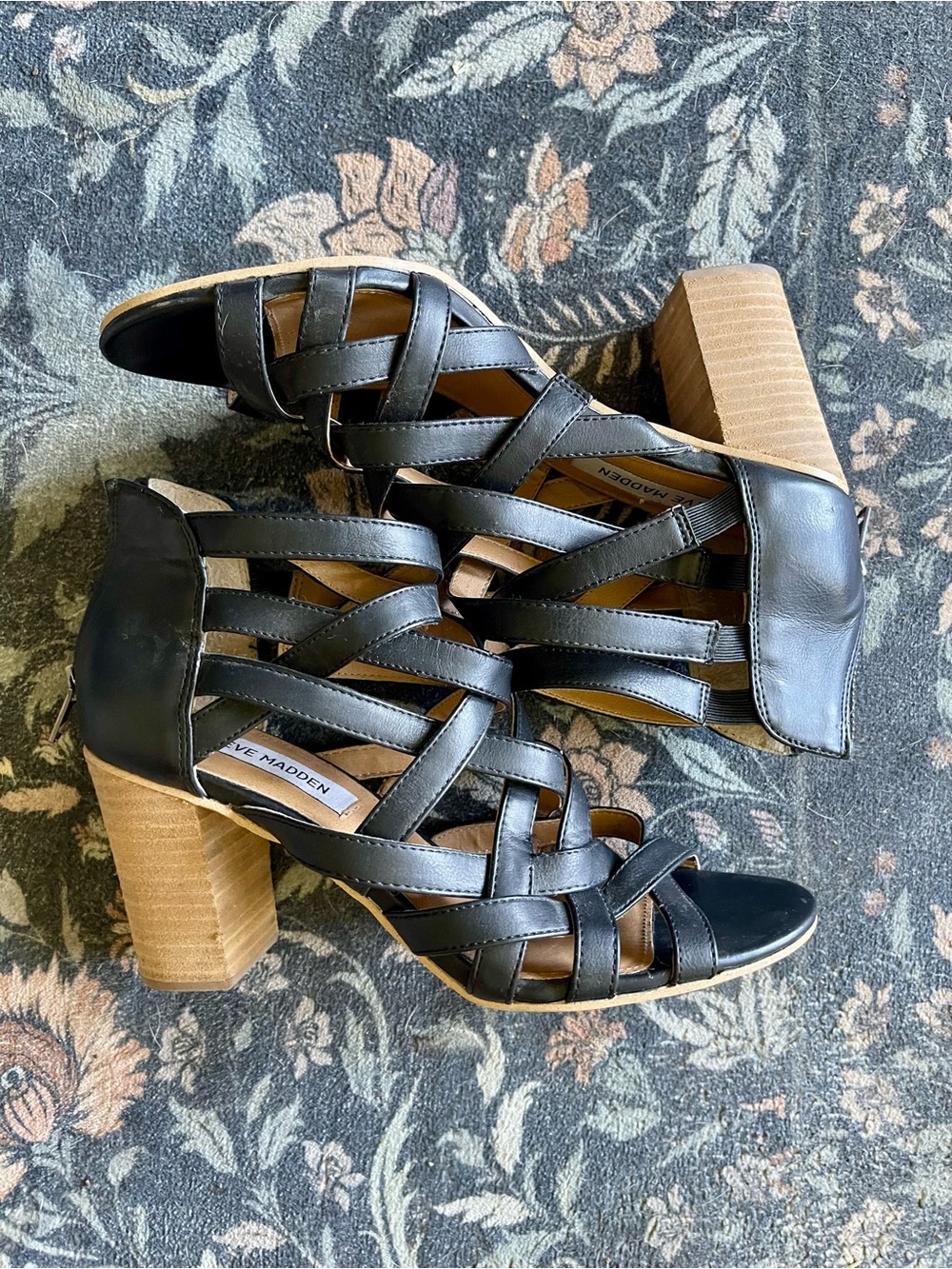 Steve Madden Black Strappy Block Heel Sandals with Tan Stacked Heel
